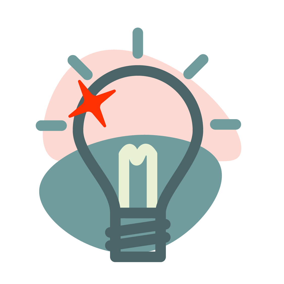 Illustrated lightbulb with glowing rays and a red sparkle, symbolizing continuous creativity, innovation, and idea generation.