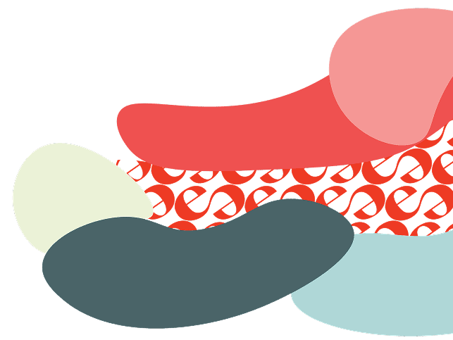 Abstract background with layered organic shapes in teal, navy, red, pink, and cream on a bright red backdrop, with a repeated “e” pattern in the center.